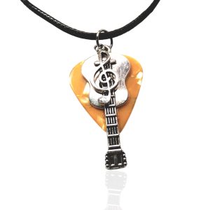 WORLD GOBLINS Regalo para Músico Original con Guitarra y Púa Hecho a Mano. Colgante Collar con Nota Musical Bañado en Plata Oxidada 925 (Cítrico)
