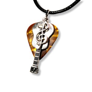 WORLD GOBLINS Regalo para Músico Original con Guitarra y Púa Hecho a Mano. Colgante Collar con Nota Musical Bañado en Plata Oxidada 925 (Oro)