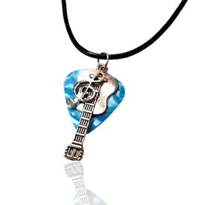 WORLD GOBLINS Regalo para Músico Original con Guitarra y Púa Hecho a Mano. Colgante Collar con Nota Musical Bañado en Plata Oxidada 925 (Marino)
