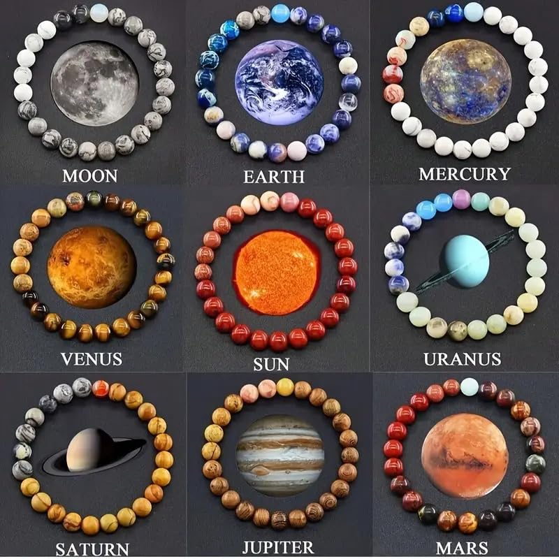 WORLD GOBLINS Pulsera Sistema Solar Piedras Naturales 8 mm | Chakras Curativos y Planetas | Pulsera Hombre Mujer Elástica 19 cm | Diseño Cósmico Universo Handmade (SATURNO) - Imagen 3