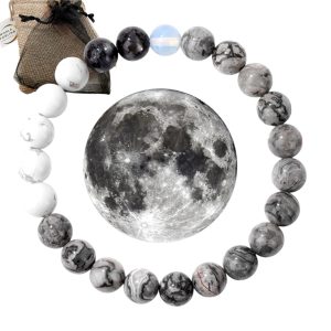WORLD GOBLINS Pulsera Sistema Solar Piedras Naturales 8 mm | Chakras Curativos y Planetas | Pulsera Hombre Mujer Elástica 19 cm | Diseño Cósmico Universo Handmade (LA LUNA)