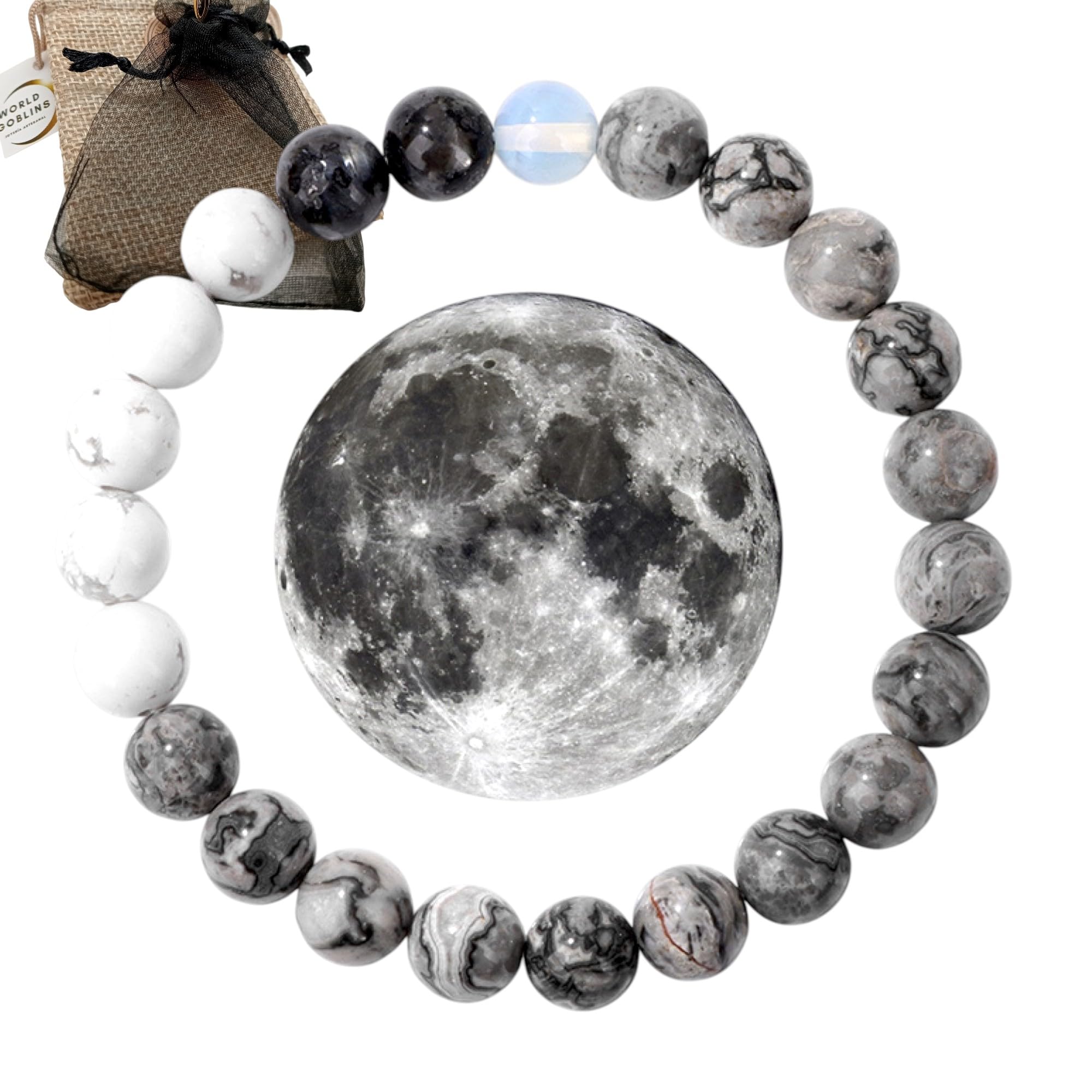 WORLD GOBLINS Pulsera Sistema Solar Piedras Naturales 8 mm | Chakras Curativos y Planetas | Pulsera Hombre Mujer Elástica 19 cm | Diseño Cósmico Universo Handmade (LA LUNA)