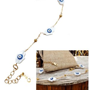 WORLD GOBLINS Pulsera Mano de Fátima con Ojo Turco en Nácar Blanco – Acero Inoxidable 316L Dorado, Ajustable 18-22 cm, Amuleto Protección Contra Mal de Ojo, Hecha a Mano, Regalo Mujer