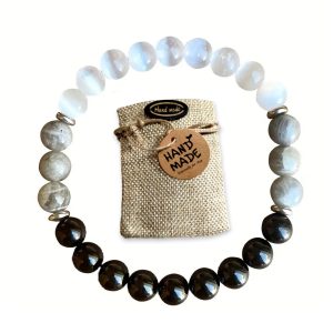 World Goblins - Pulsera Elástica en Piedra Natural de 8mm, Piedra Luna, Turmalina Negra y Labradorita - Protección, Sanación y Conexión a Tierra. Hombre y Mujer. Regalo Original (CONEXIÓN-TIERRA)