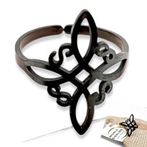 WORLD GOBLINS Anillo Nudo de Bruja Acero Negro 316L | Cruz Egipcia y Trisquel Celta | Anillo Ajustable Mujer Wicca | Amuleto de Protección Espiritual Hecho en España (Negro Acero 316L)