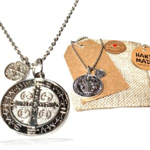 WORLD GOBLINS Collar San Benito Doble, Diseño Exclusivo, Gargantilla de Doble Protección con Cadena de Acero Inoxidable 50cm. Regalo Original Religioso Cristiano Parejas, Hombre Mujer (Doble 28mm)