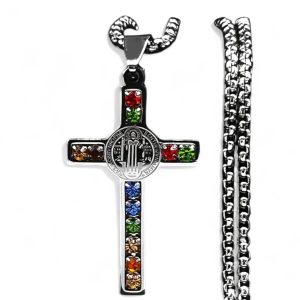 WORLD GOBLINS Collar con Cruz San Benito Acero Inoxidable Hombre. 12 Piedras Zirconitas Colores. Cadena Gruesa Acero 316L Titanio. Regalo Original de Protección. Amuleto