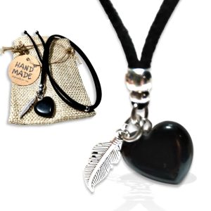 WORLD GOBLINS Collar Obsidiana Negra Piedra Natural Mujer Hecho a Mano. Colgante Mujer Corazón Pluma Antelina, Gargantilla, Energéticas. Adaptable +Bolsa Yute Artesanal Regalo Original (Obsidiana)