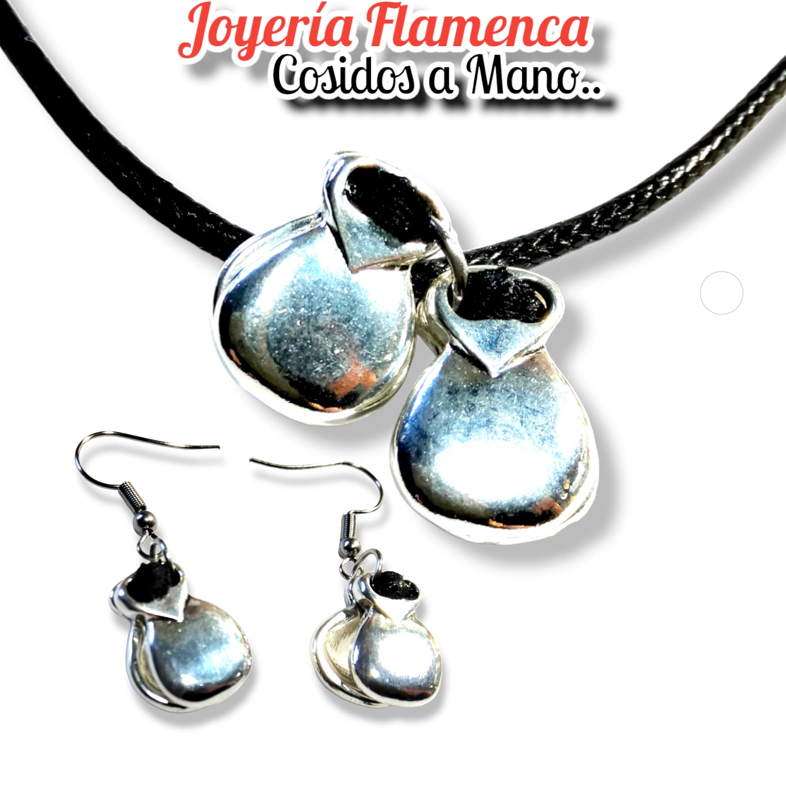 WORLD GOBLINS Joyería Flamenca con Castañuelas | Artesanía Andaluza Chapada en Plata de Ley; Gargantilla Colgantes Pendientes. Fabricado en España Regalos Mujer (Conj. Hilo Negro) - Imagen 9