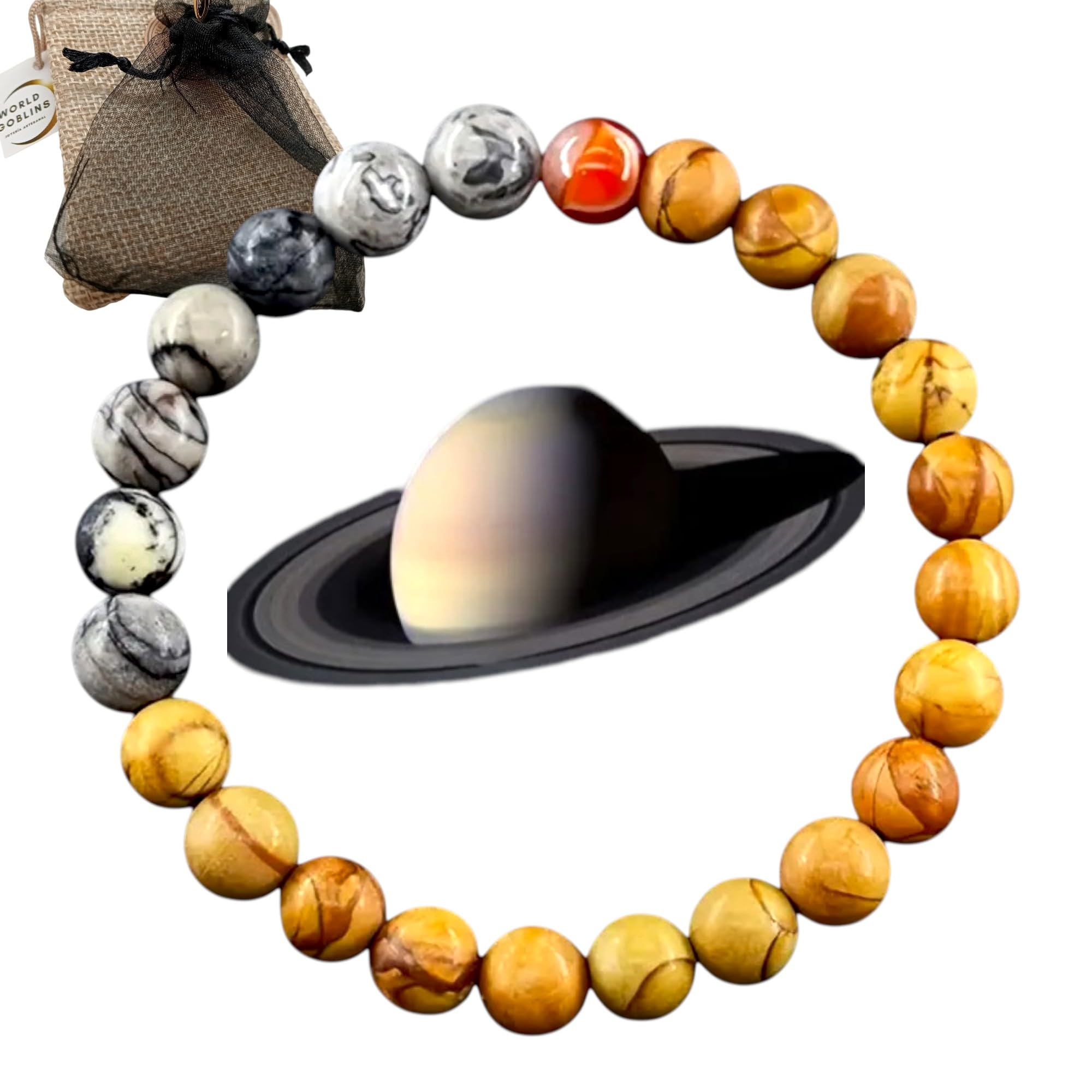 WORLD GOBLINS Pulsera Sistema Solar Piedras Naturales 8 mm | Chakras Curativos y Planetas | Pulsera Hombre Mujer Elástica 19 cm | Diseño Cósmico Universo Handmade (SATURNO)