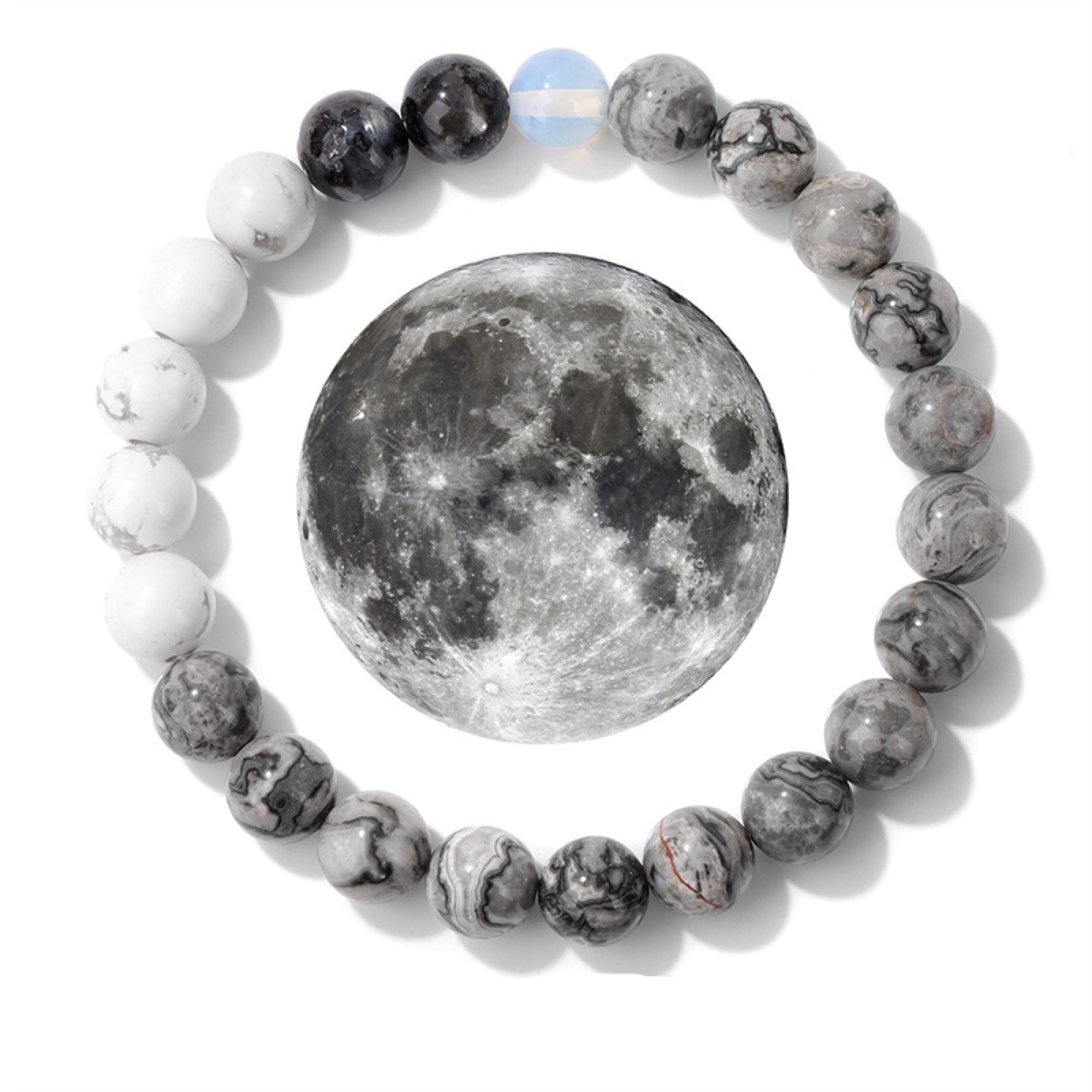 WORLD GOBLINS Pulsera Sistema Solar Piedras Naturales 8 mm | Chakras Curativos y Planetas | Pulsera Hombre Mujer Elástica 19 cm | Diseño Cósmico Universo Handmade (LA LUNA) - Imagen 8