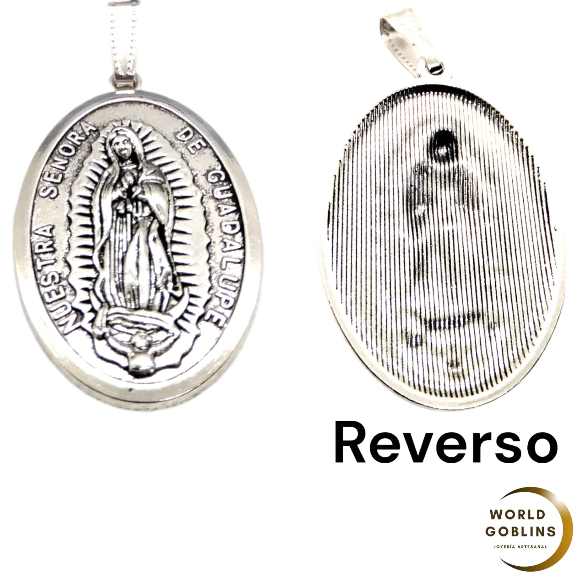 Medalla Virgen de Guadalupe. Colgantes Religiosos Chapados en Plata 12 micras, Protección y Suerte + Bolsa de Yute Artesanal Hechas a Mano. Fabricado en Córdoba - España (VIRGEN DE GUADALUPE) - Imagen 4