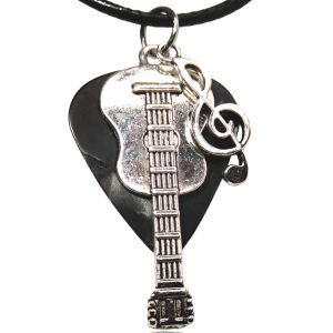 WORLD GOBLINS Regalo para Músico Original con Guitarra y Púa Hecho a Mano. Colgante Collar con Nota Musical Bañado en Plata Oxidada 925 (Negro)