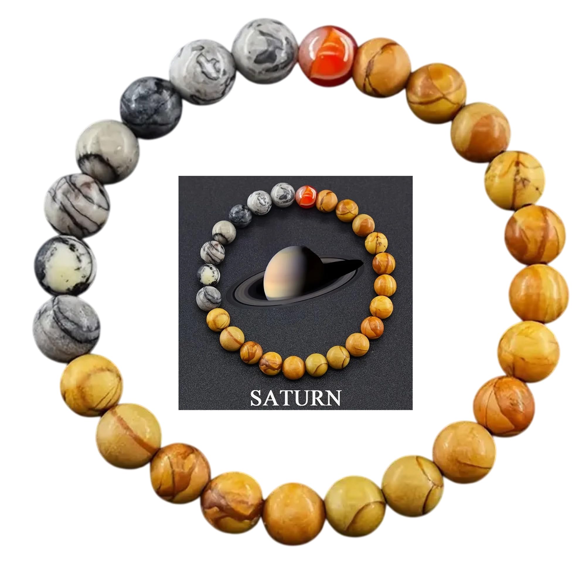 WORLD GOBLINS Pulsera Sistema Solar Piedras Naturales 8 mm | Chakras Curativos y Planetas | Pulsera Hombre Mujer Elástica 19 cm | Diseño Cósmico Universo Handmade (SATURNO) - Imagen 7