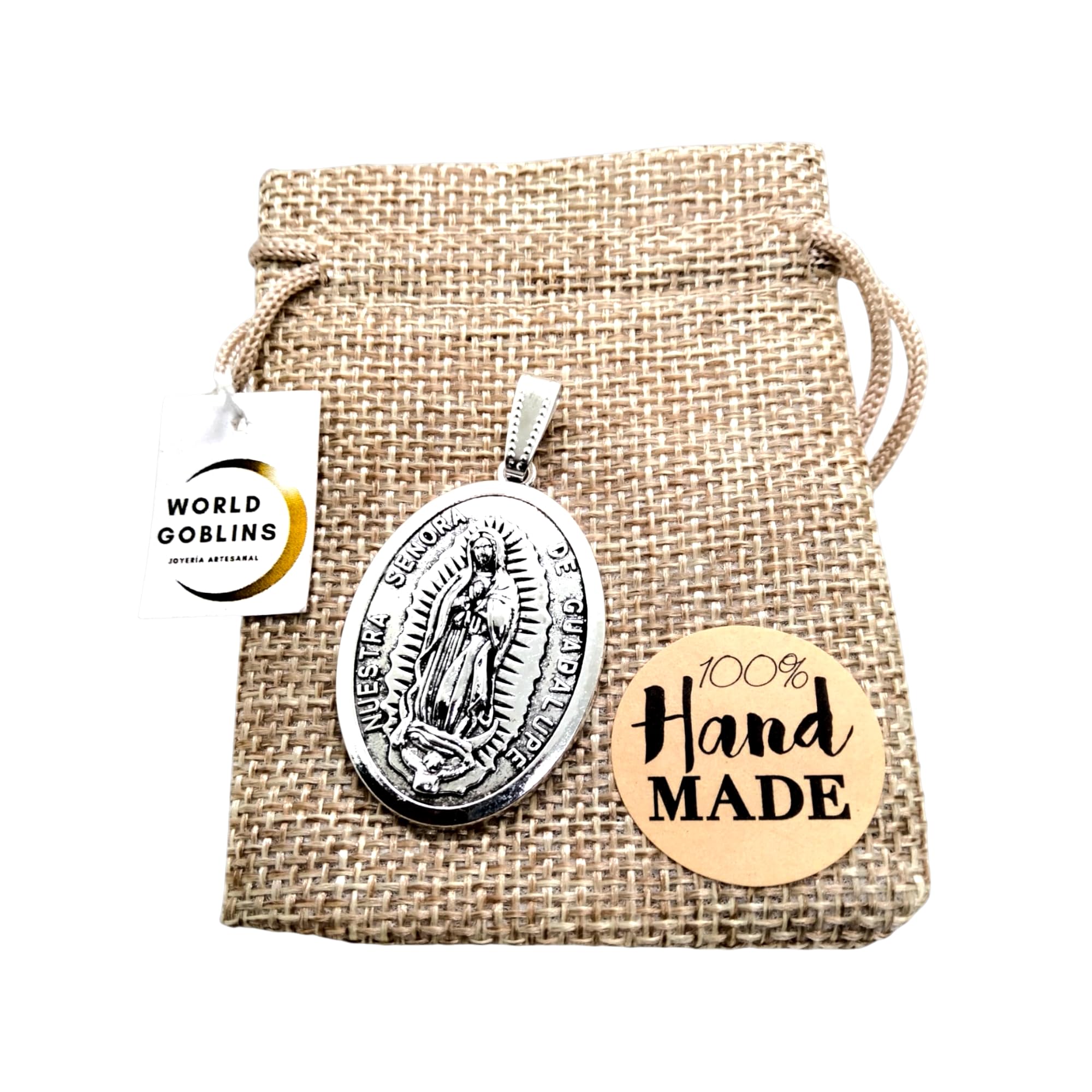 Medalla Virgen de Guadalupe. Colgantes Religiosos Chapados en Plata 12 micras, Protección y Suerte + Bolsa de Yute Artesanal Hechas a Mano. Fabricado en Córdoba - España (VIRGEN DE GUADALUPE)