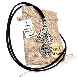 WORLD GOBLINS Collar Nudo de Bruja Amuleto Plata | Antelina Negra 50cm Adaptable para Hombre y Mujer | Amuleto | Protección contra Hechizos + Bolsa de Yute Hecha a Mano Regalo (Doble Protección WG)