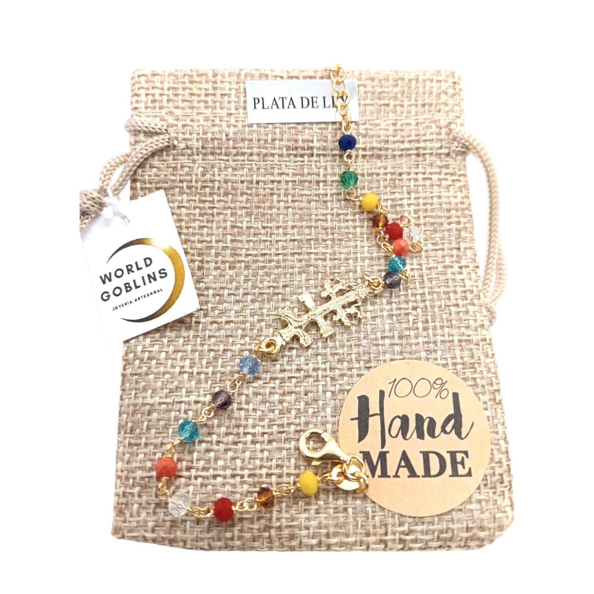 WORLD GOBLINS- Pulsera Cruz de Caravaca Plata de Ley Chapada en Oro 18K +Piedras Chakras de Colores – Hecha a Mano en Córdoba. Joyas Artesanales. Joyería, Regalos Originales (18k Caravaca de la Cruz)