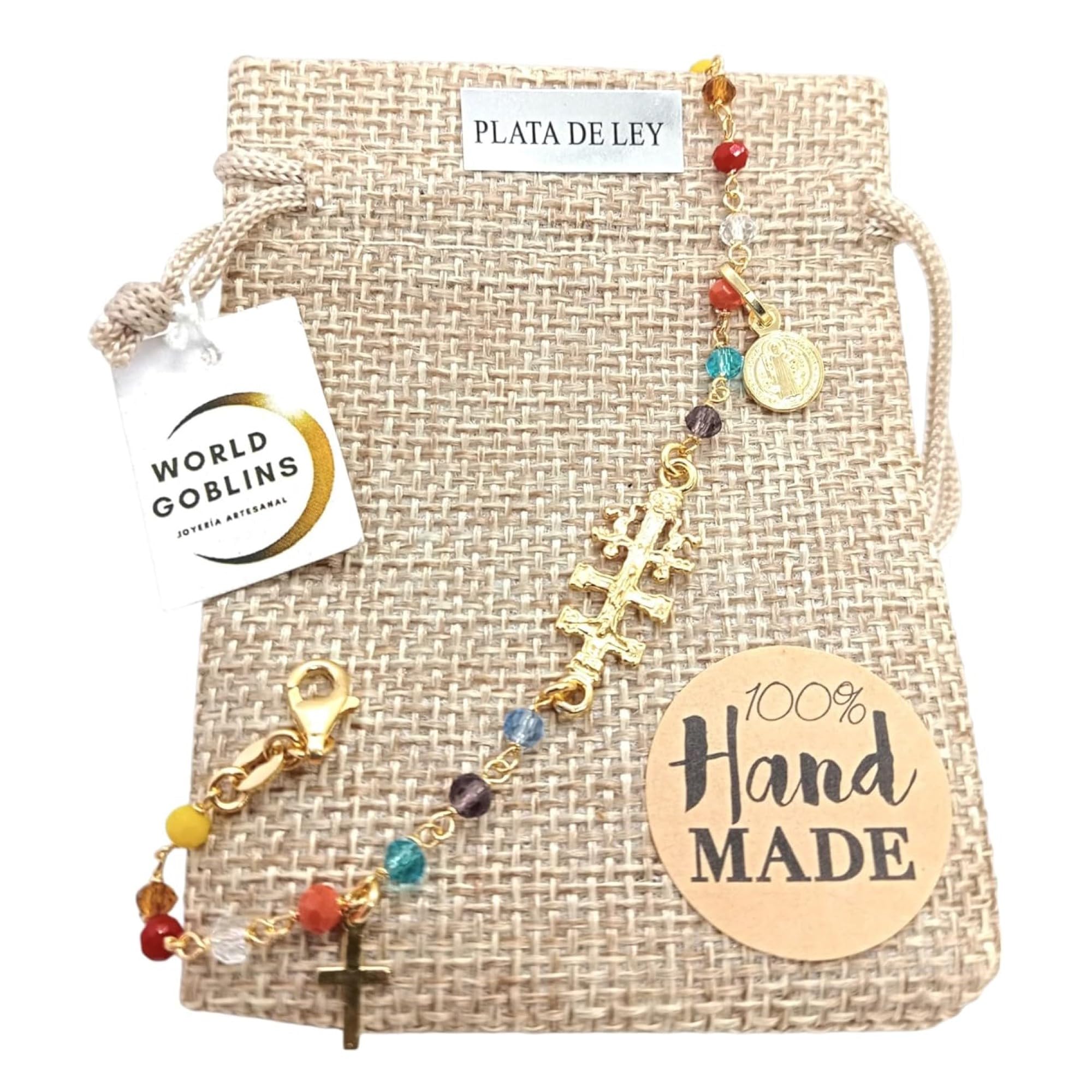 WORLD GOBLINS Pulsera Cruz de Caravaca, San Benito y Cruz Clásica Plata 925 con Piedras Chakras de Colores, Chapada en Oro 18K – Hecha a Mano en Córdoba. Joyas Artesanales. Regalos, Joyería Original