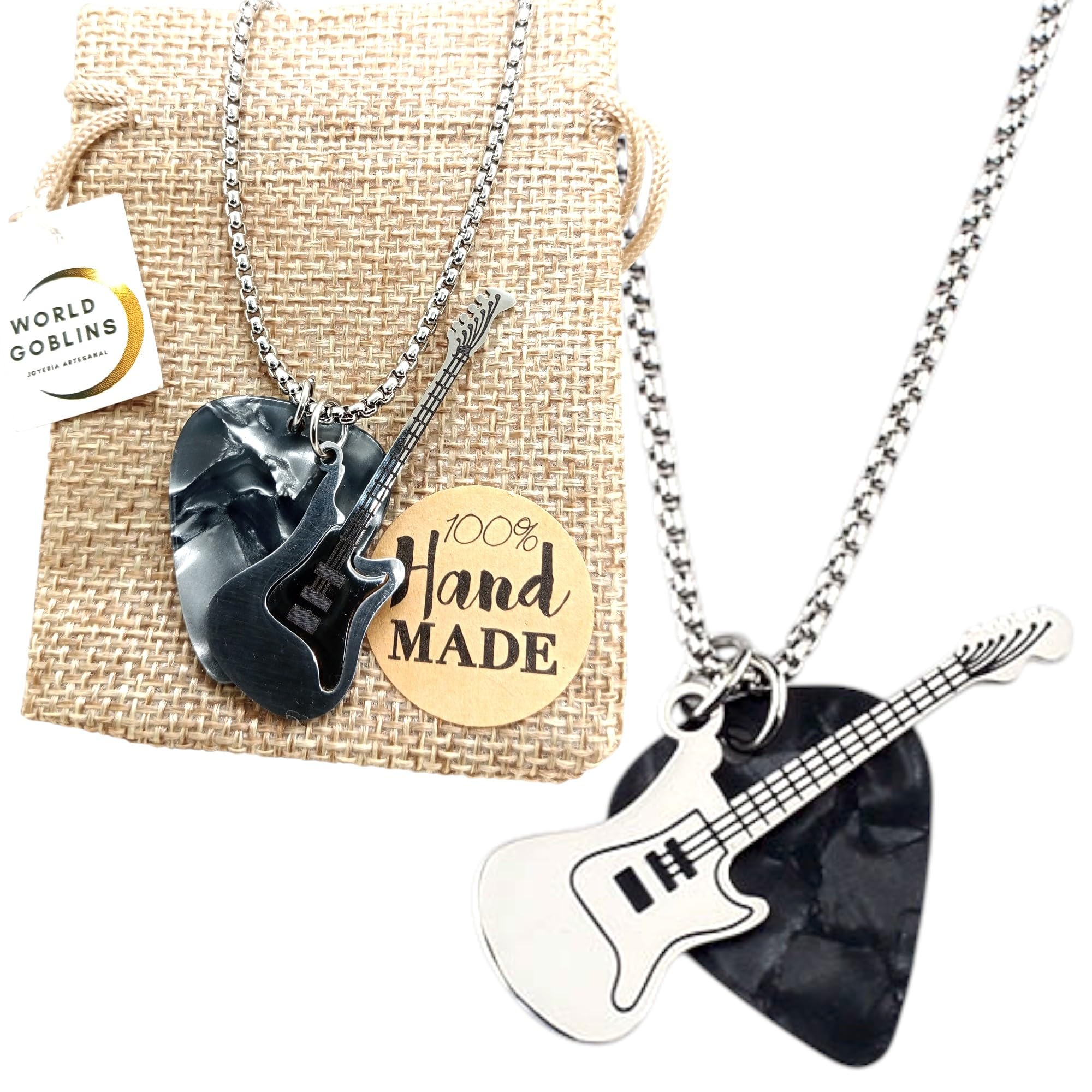 Collar de Guitarra Eléctrica y Púa. Guitarra de Acero de Titanio para Músicos. Colgante Rock Hip-Hop Hombre, Cadena Acero de 65cm. Regalo Original para Gitarrista. Collares Rock Moda (TITANIO-NEGRO)