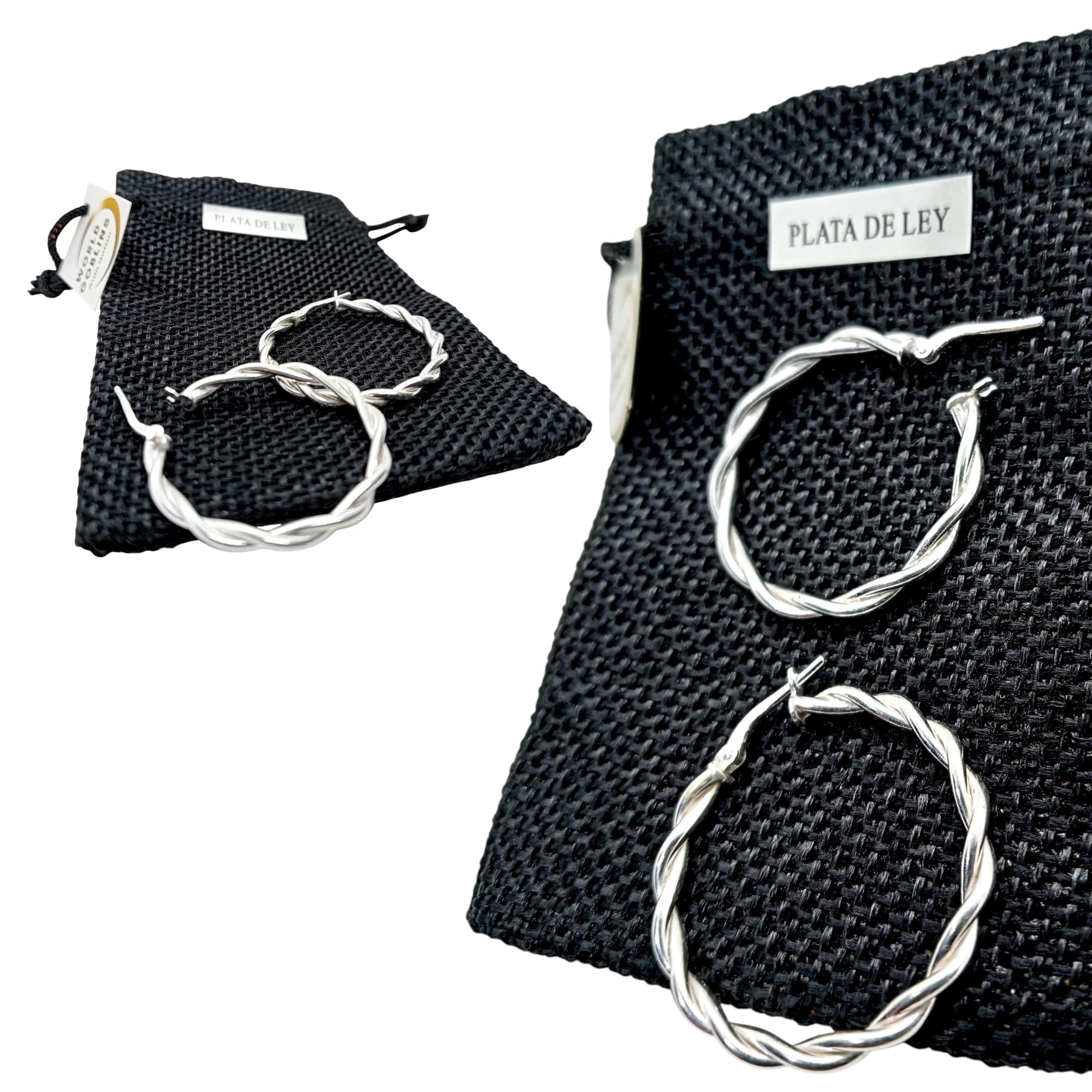 Pendientes Aro Trenzado Plata de Ley 925 Mujer – Aros Hipoalergénicos 30 mm Diseño Elegante Ligero – Hechos a Mano por WORLD GOBLINS - Imagen 3