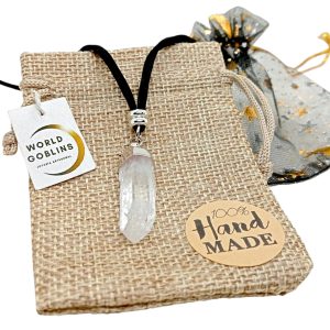 Collar Protección Cuarzo Blanco Natural Cristal de Roca, Colgante Hecho a Mano con Antelina Negra 70cm, Acero Inoxidable 316L, Amuleto Energético Reiki, Piedras curativa curación Chakras (PLATA)