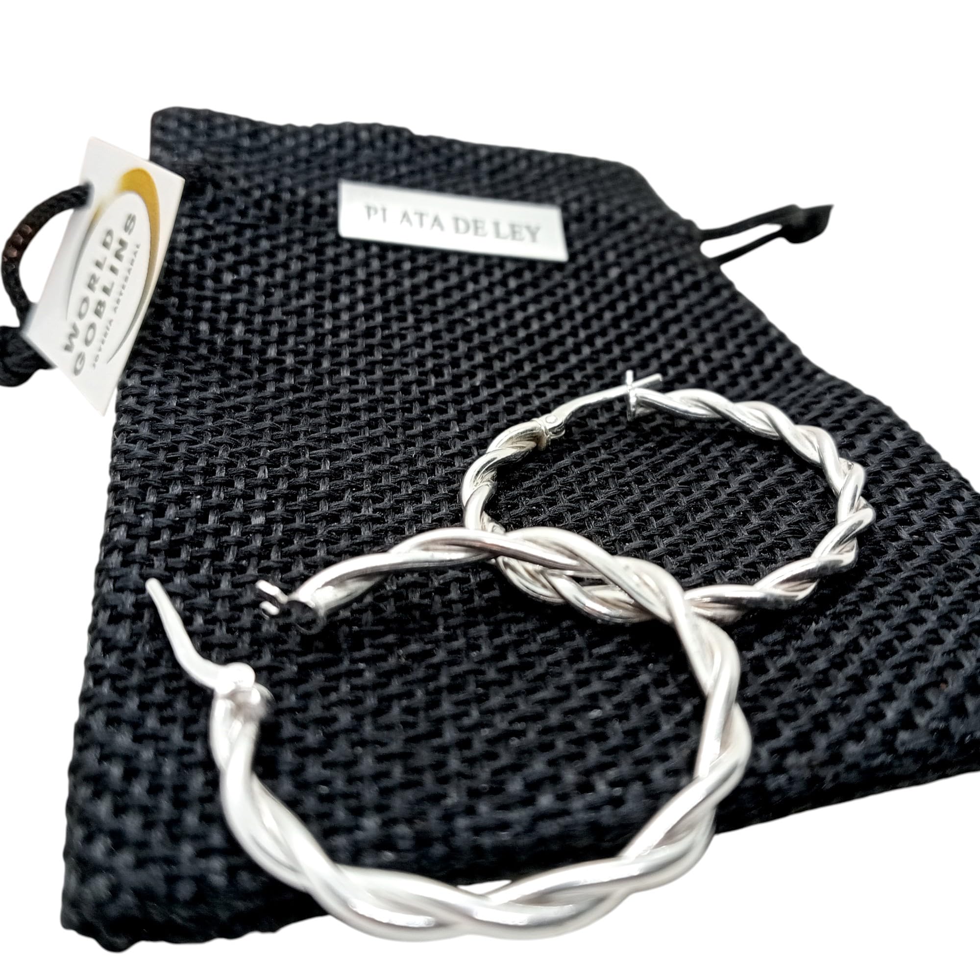 Pendientes Aro Trenzado Plata de Ley 925 Mujer – Aros Hipoalergénicos 30 mm Diseño Elegante Ligero – Hechos a Mano por WORLD GOBLINS