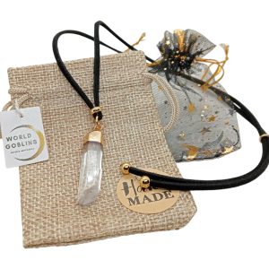 Collar Protección Cuarzo Blanco Natural Cristal de Roca, Colgante Hecho a Mano con Cordón Antelina Negra 70cm, Acero Inoxidable 316L, Amuleto Energético Reiki, Piedras curativa curación Chakras (18K)