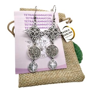 Pendientes Triple Protección. Nudo de Bruja, Tetragramatón y San Benito, Amuleto contra Hechizos. 3 Amuletos Protectores, Joyería Espiritual Wicca "Diseñado por Karol Lev"