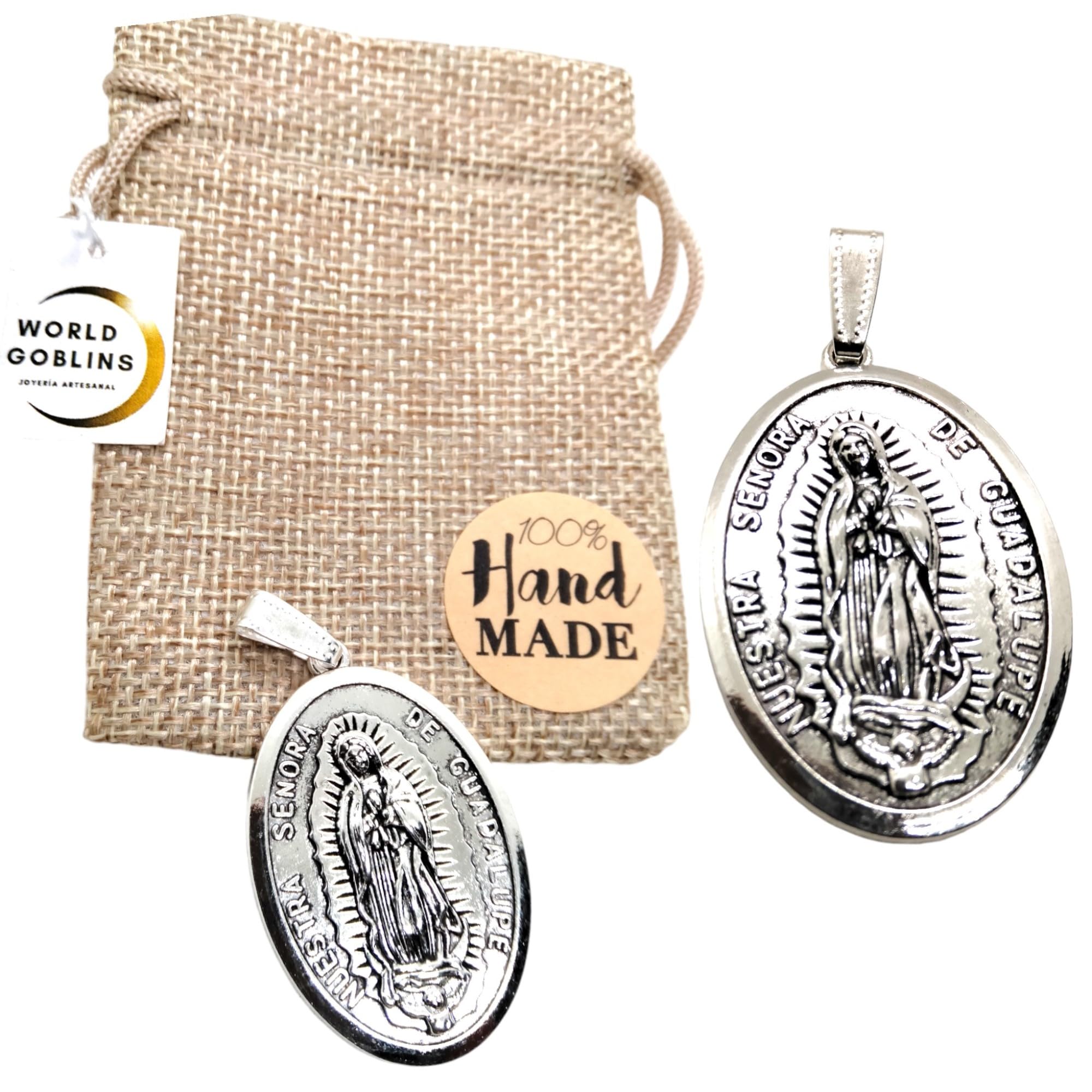 Medalla Virgen de Guadalupe. Colgantes Religiosos Chapados en Plata 12 micras, Protección y Suerte + Bolsa de Yute Artesanal Hechas a Mano. Fabricado en Córdoba - España (VIRGEN DE GUADALUPE) - Imagen 6