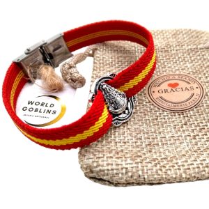 WORLD GOBLINS Pulsera de Tela Bandera España, Medalla Virgen del Rocío, Cierre Acero Inoxidable para Hombre y Mujer | Brazalete Elástico. Joyería Rociera Hecha en España. Regalos (España Guadiamar)