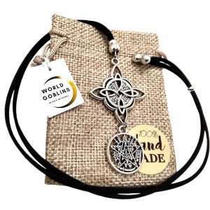 Collar Nudo de Bruja Doble Protección, Amuleto Plata | Nudo de Bruja 38mm. Antelina 65cm Adaptable para Hombre y Mujer | Amuleto | Protección contra Hechizos Hecho a Mano (Doble Protección "38mm")