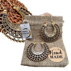 Pendientes Árabe Dorados Estilo Bohemio Vintage Chapados en Oro 14K | Aretes Diseño Geométrico Hueco, Occidental Vintage | Joyería Artesanal Hecha en Córdoba-España (Estilo Arabe Dorado)