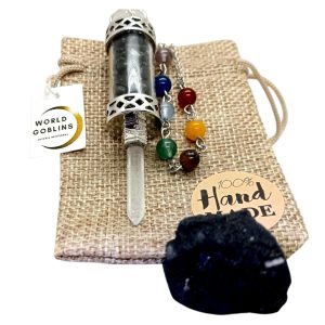 WORLD GOBLINS Péndulo Radiestesia Obsidiana Negra con Punta de Selenita 90x17 mm | Cadena Plata de Ley con 7 Chakras | Péndulo Esotérico para Reiki Meditación Tarot + Turmalina Natural