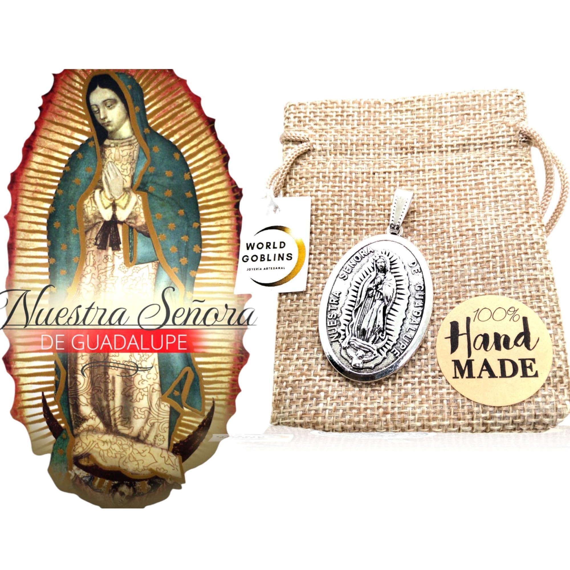 Medalla Virgen de Guadalupe. Colgantes Religiosos Chapados en Plata 12 micras, Protección y Suerte + Bolsa de Yute Artesanal Hechas a Mano. Fabricado en Córdoba - España (VIRGEN DE GUADALUPE) - Imagen 9
