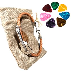 WORLD GOBLINS Pulsera Cuero con Guitarra Hombre Mujer + Púa. Regalos para Músicos, Pareja. Cumpleaños Originales.Joyería Artesanal. Hecha a Mano Acero Inoxidable, Piel 5mm. Regalo Guitarrista