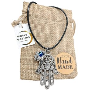 WORLD GOBLINS Collar Mano de Fátima con Ojo Turco | Gargantilla 45-48cm | Amuleto Protección Mujer | Mano Hamsa, Bohemio Artesanal | Regalo Original | Wicca, Protección contra Hechizos. Regalo Brujas