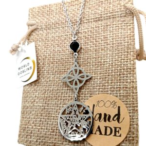 Collar Doble Protección Acero, Nudo de Bruja Tetragramatón + Onix. Amuleto Mujer de Protección contra Hechizos + Bolsa de Yute. Joyería Espiritual, Magia Wicca, Regalo Original (Acero Doble Protector)