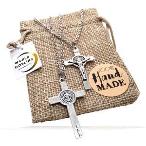 Collar con Cruz San Benito 2 UNDS, Protección y Suerte, Cadena de Acero Inoxidable 50cm. Regalo Parejas, Hombre Mujer. Cruz Cristiana Católica Religiosa, Regalos Cristianos (San Benito"35mm" 2unds)