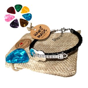 WORLD GOBLINS Pulsera Cuero Negro 5mm Guitarra Hombre Mujer + Púa. Regalos para Músicos con Guitarra. Brazalete Piel Genuina 100% con Cierre de Acero Inoxidable y Bolsa Yute Regalo