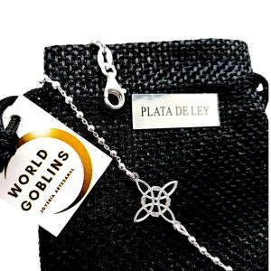 WORLD GOBLINS Pulsera Nudo de Bruja Plata de Ley 925 Mujer Hecha a mano, Joyero Artesano. Córdoba-España. Regalo Original. Amuleto de Protección y Suerte - Ajustable 17 a 19.5cm (Nudo Brujas- Bolas)