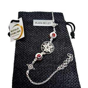WORLD GOBLINS Pulsera Plata 925 Tetragramatón con Ojo Turco y Nudo de Bruja | Amuleto Protección Mujer | Joyería Artesanal. Hecha en España Ajustable 17.5-21cm (Tetragramatón/Ojo Turco)