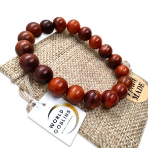 WORLD GOBLINS Pulsera de Oración, Pulsera Rosario de Madera Natural 10mm. Budista Yoga. Códigos Sagrados. Amuleto Tibetano (Palo Santo Rojo 10mm)