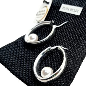 Pendientes Aro Plata 925 con Perla 8 mm – Aros Ovalados Avellanados, Joyería de Autor para Mujer, Diseño Elegante. Regalo Original Fin de Año y Reyes (Aro Ovalado/Perla)