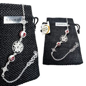 WORLD GOBLINS Pulsera Plata 925 Tetragramatón con Ojo Turco y Nudo de Bruja | Amuleto Protección Mujer | Joyería Artesanal. Hecha en España Ajustable 17.5-21cm