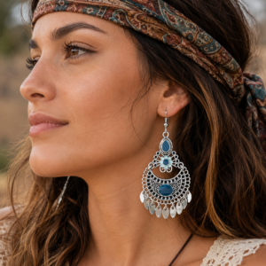 Pendientes Hippies Largos Mujer, Esmalte Azul. Llamativos, Boho, Vintage. Pendientes Plata Divertidos, Aretes Originales Hechos en España
